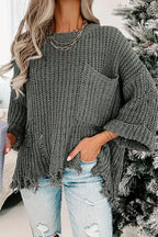 Distressed Round Neck Drop Shoulder Sweater | Sweaters Sweater from PHUNKYN