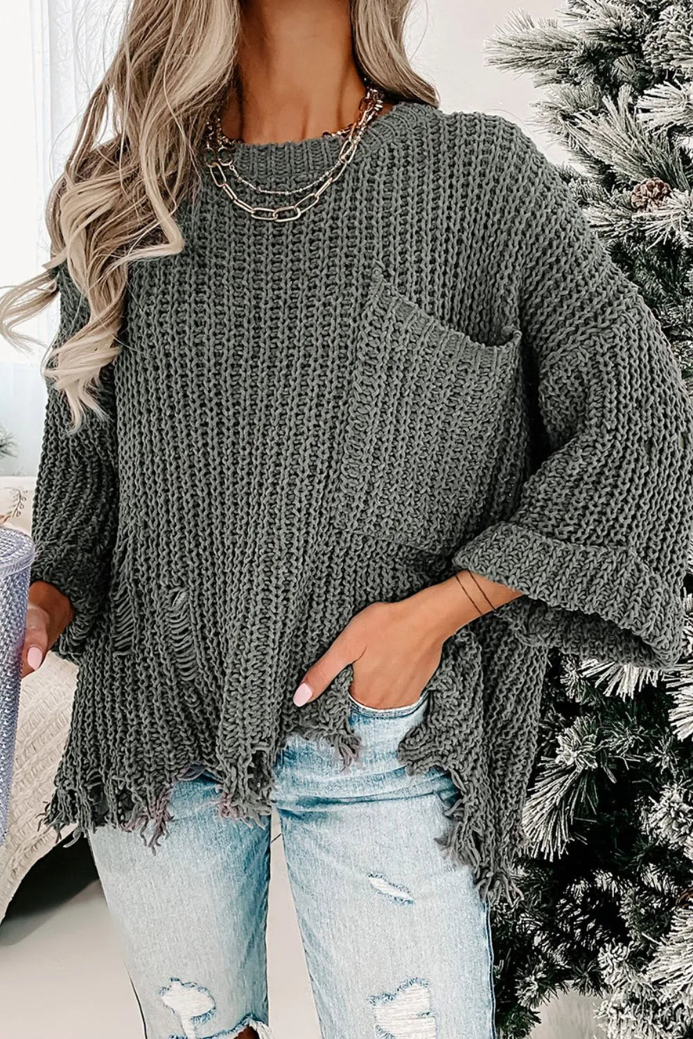 Distressed Round Neck Drop Shoulder Sweater | Sweaters Sweater from PHUNKYN