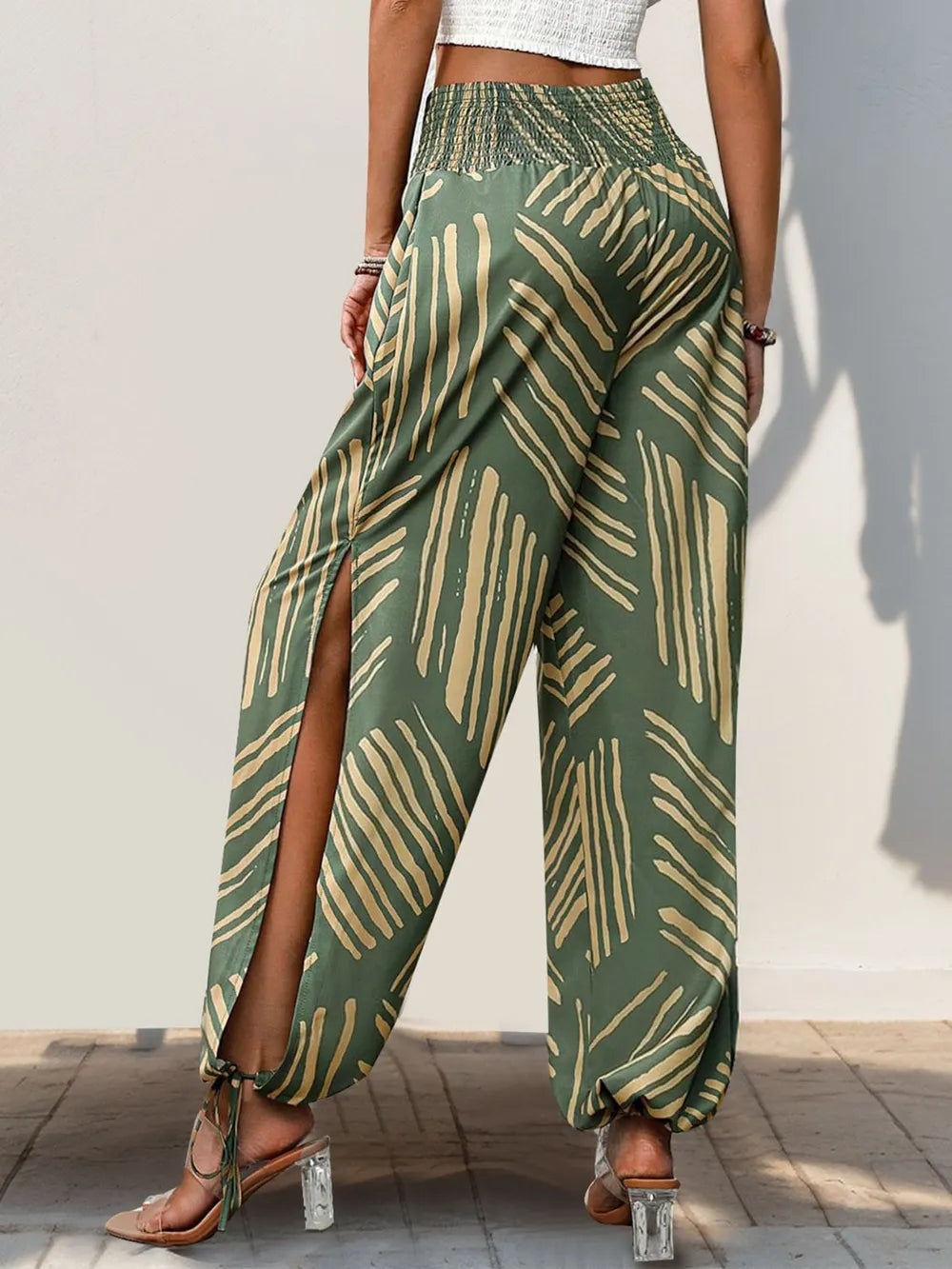 Perfee Smocked Slit Printed High Waist Pants | Pants Side Slit Pants from PHUNKYN