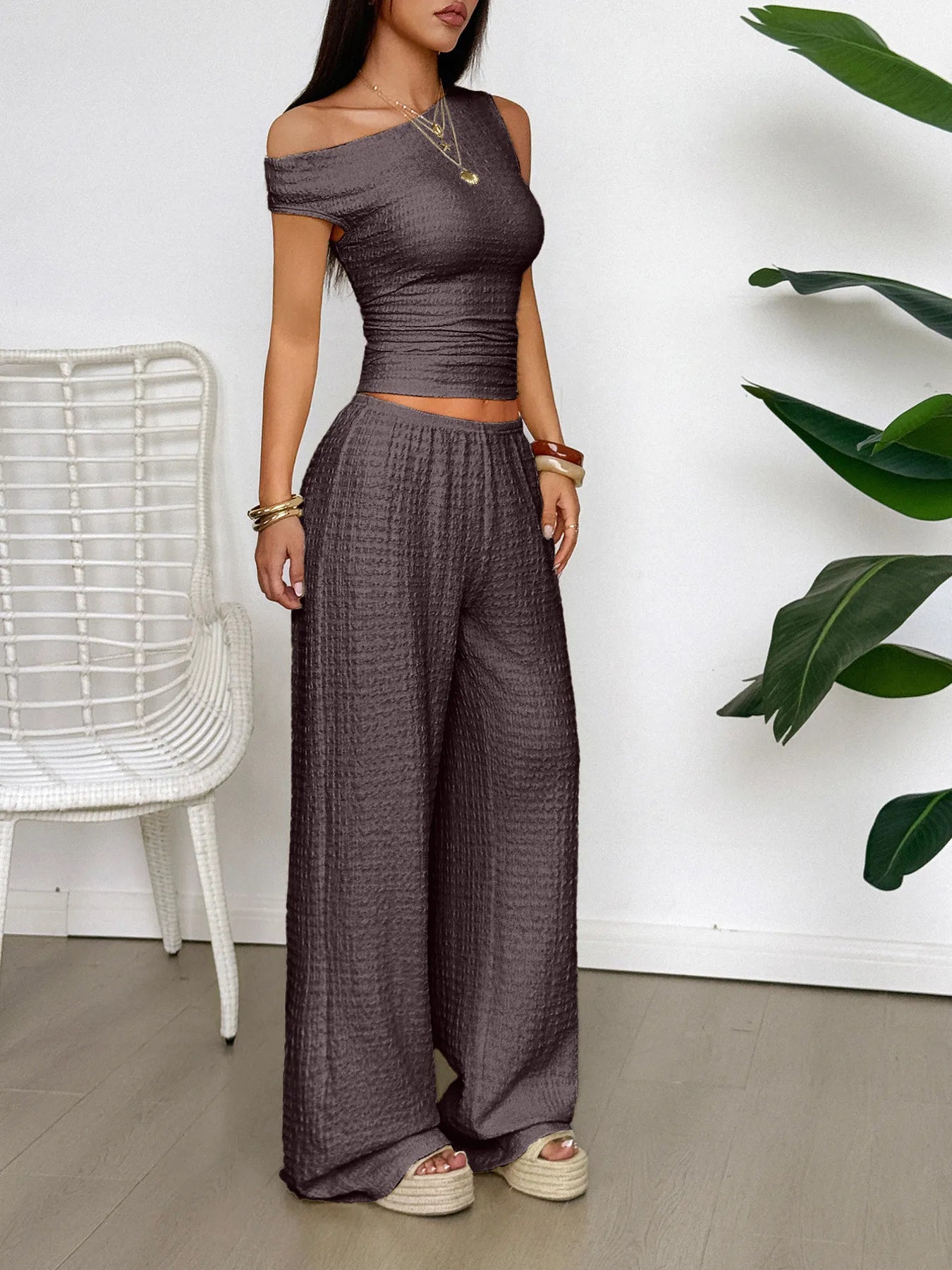 One Shoulder Top and Wide Leg Pants Set | Outfit Sets Top and Pants Set from PHUNKYN
