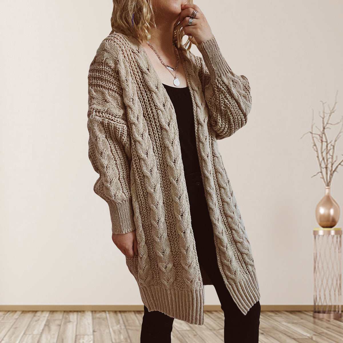 Cable-Knit Open Front Dropped Shoulder Cardigan | Cardigans Cardigan from PHUNKYN