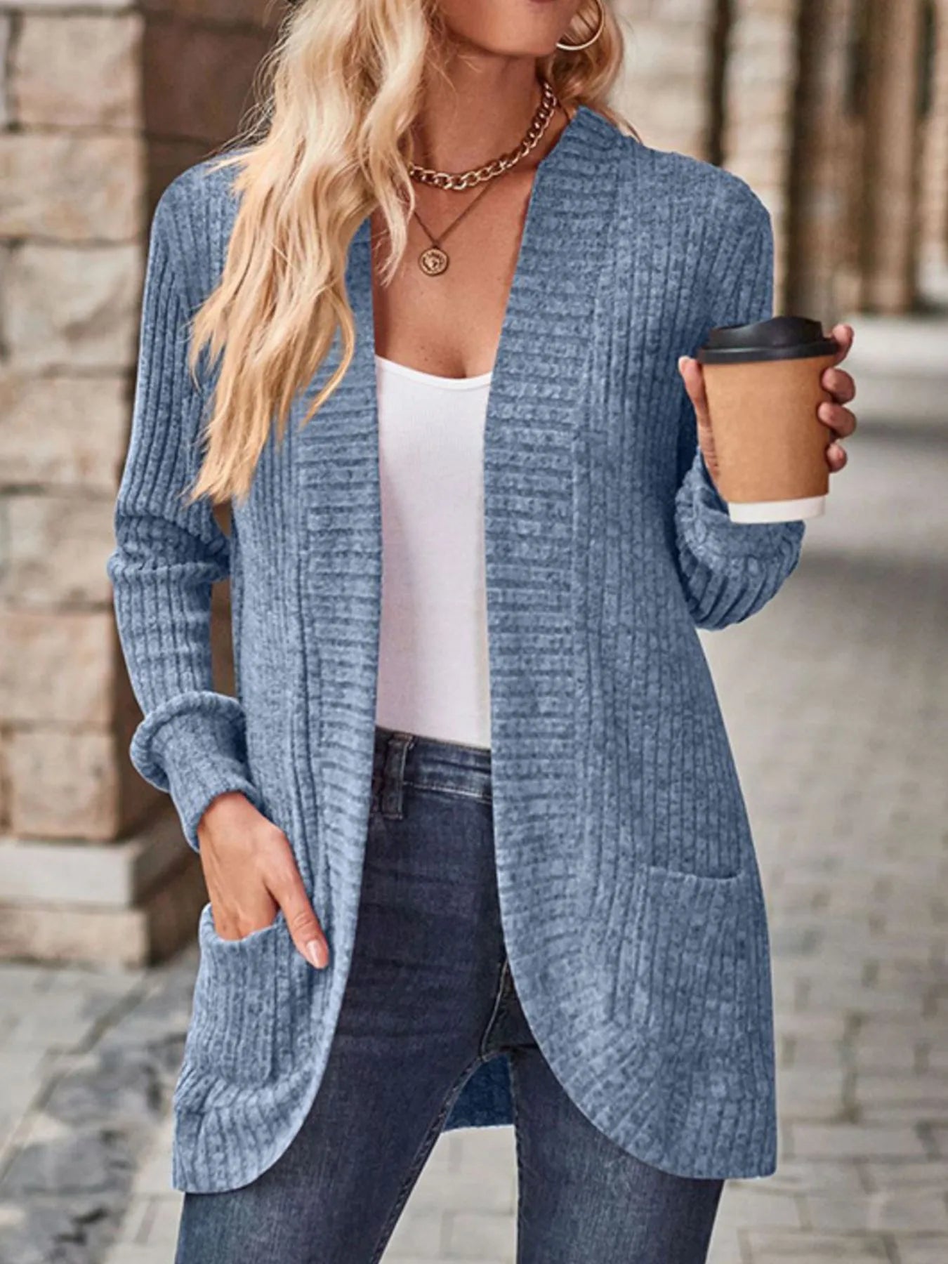 Ribbed Knit Open Front Cardigan with Pockets | Cardigans Cardigan from PHUNKYN