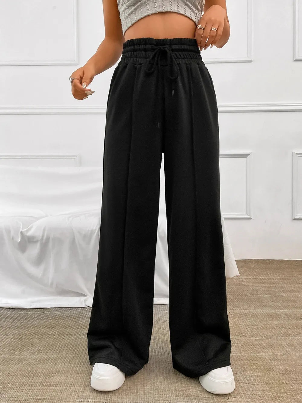 Honey Drawstring Elastic Waist Wide Leg Pants | Trousers Women's Trousers from PHUNKYN