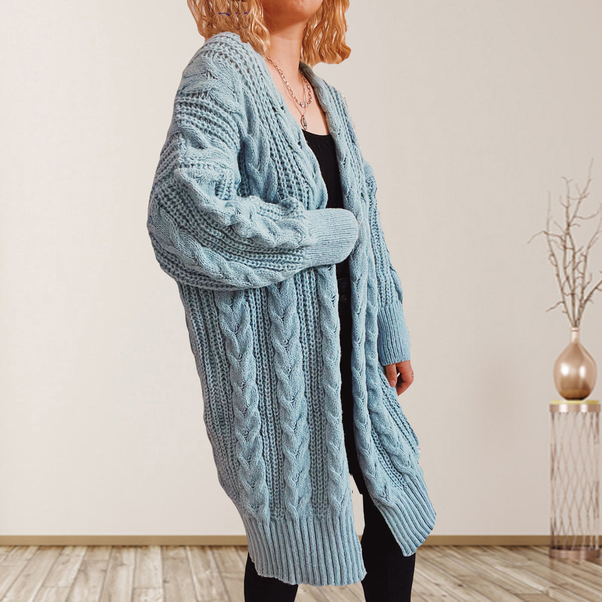 Cable-Knit Open Front Dropped Shoulder Cardigan | Cardigans Cardigan from PHUNKYN