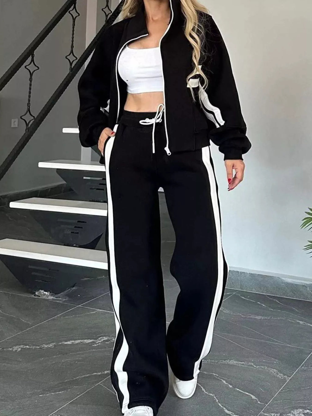 Contrast Stripe Zip Up Jacket and Pants Set | Outfit Sets Top and Pants Set from PHUNKYN
