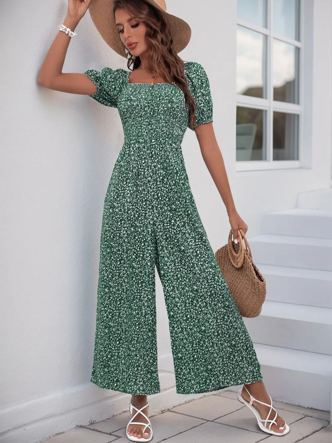 Printed Square Neck Puff Sleeve Jumpsuit | One-Pieces Jumpsuit from PHUNKYN
