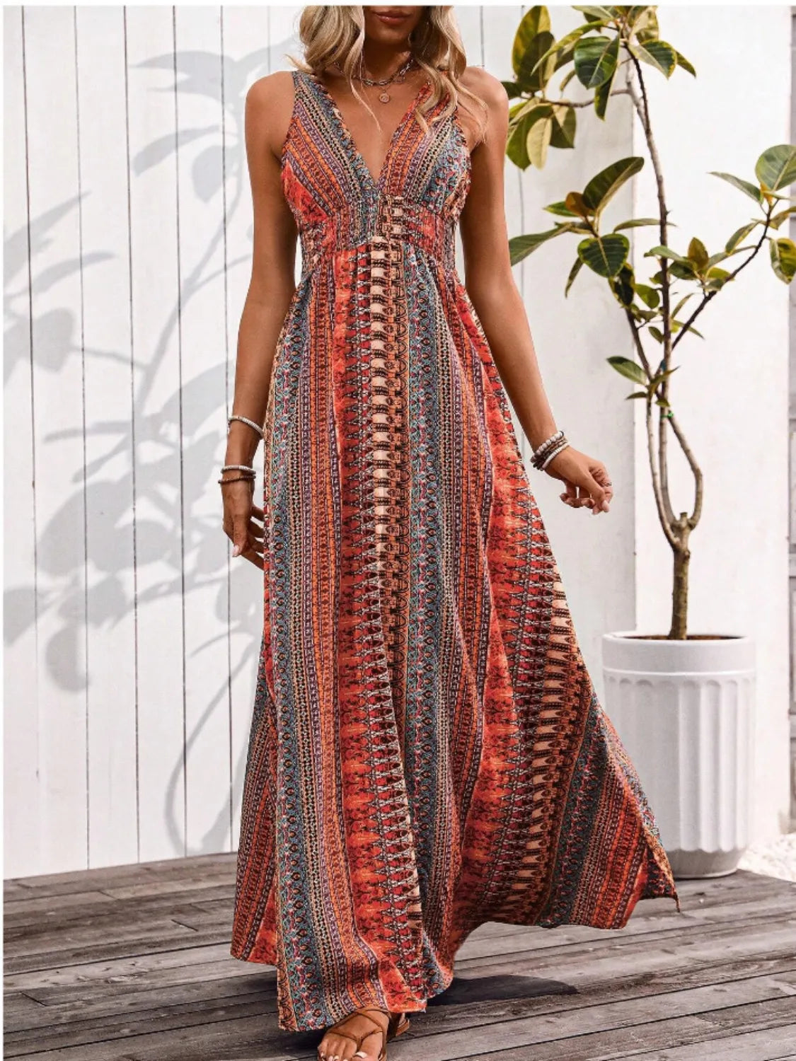 Tied Back Printed Sleeveless Maxi Slit Dress | Dresses Maxi Dress from PHUNKYN