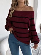 Striped Off-Shoulder Long Sleeve Sweater | Sweaters Sweater from PHUNKYN