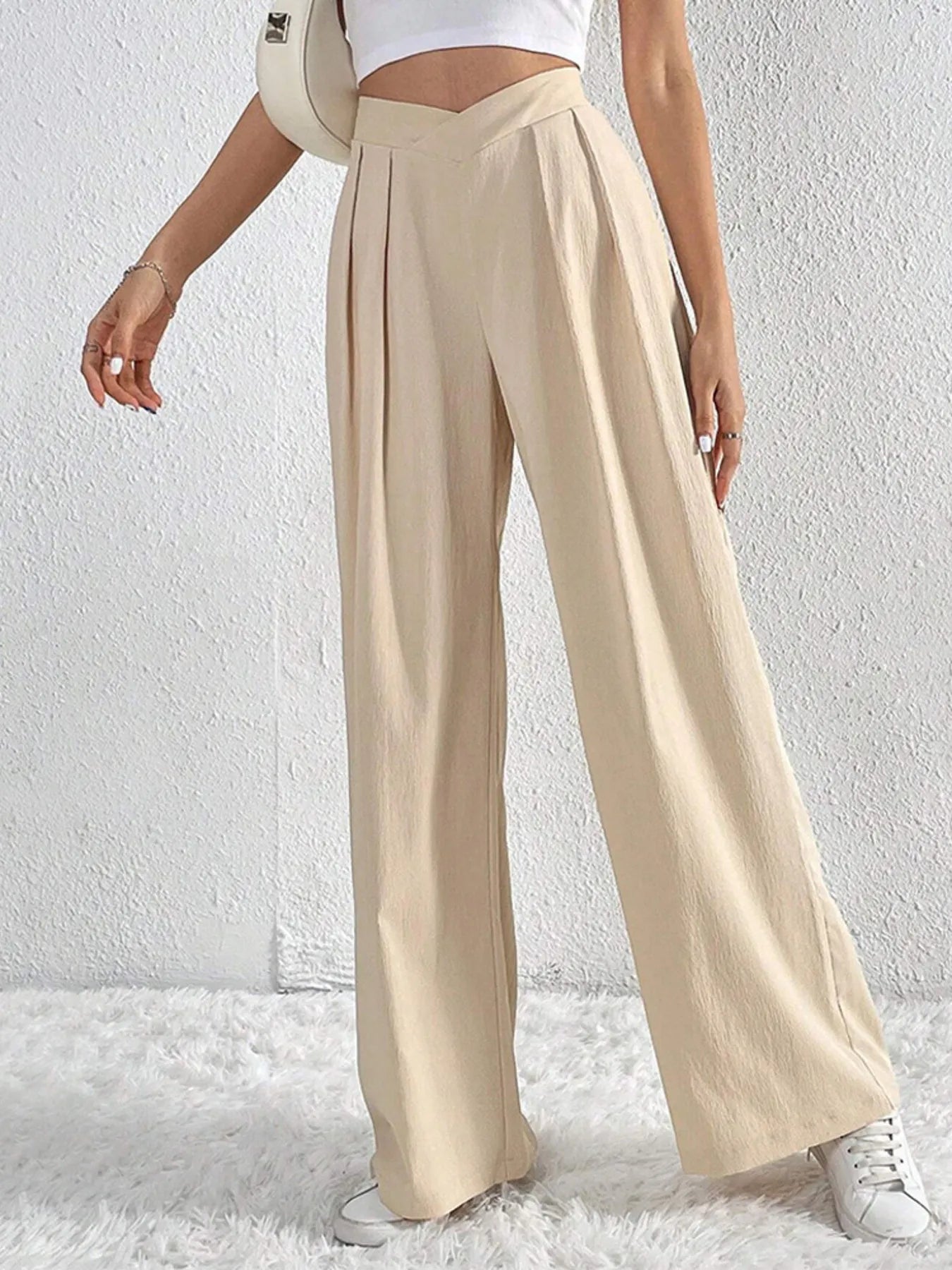V-Waisted Ruched Front Wide Leg Pants | Trousers Wide Leg Pants from PHUNKYN