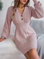 Buttoned Cable-Knit V-Neck Sweater Dress | Dresses Sweater Dress from PHUNKYN