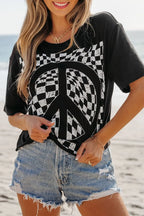 Checkered Peace Sign Round Neck T-Shirt | T-Shirts T-Shirt from PHUNKYN