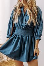 Smocked Half Button Three-Quarter Sleeve Mini Dress | Dresses Mini Dress from PHUNKYN