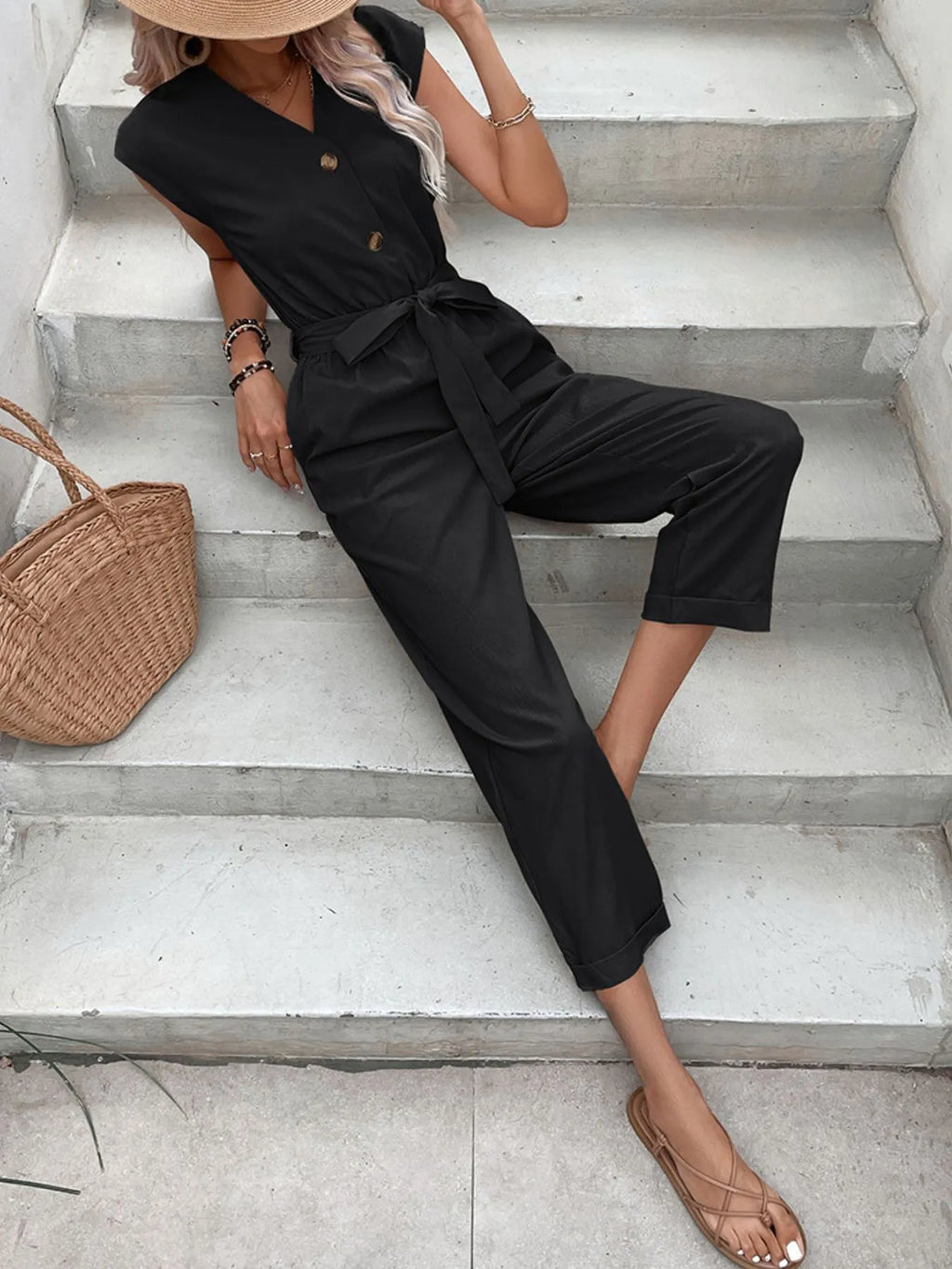 Button-Front Tie Waist Jumpsuit One-Pieces Jumpsuit PHUNKYN
