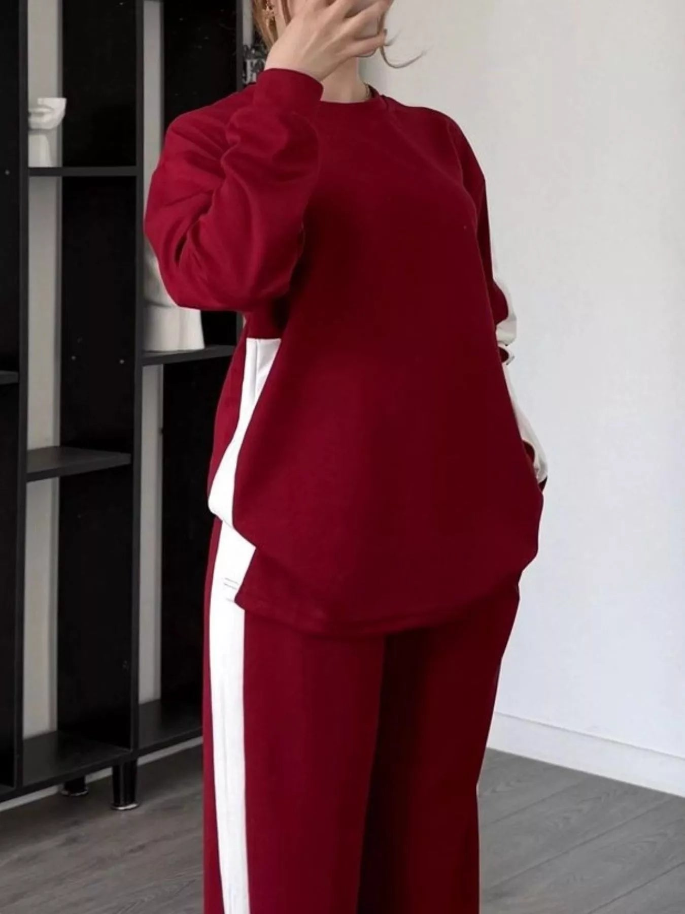 Contrast Round Neck Top and Pants Set Plus Size | Outfit Sets Top and Pants Set from PHUNKYN