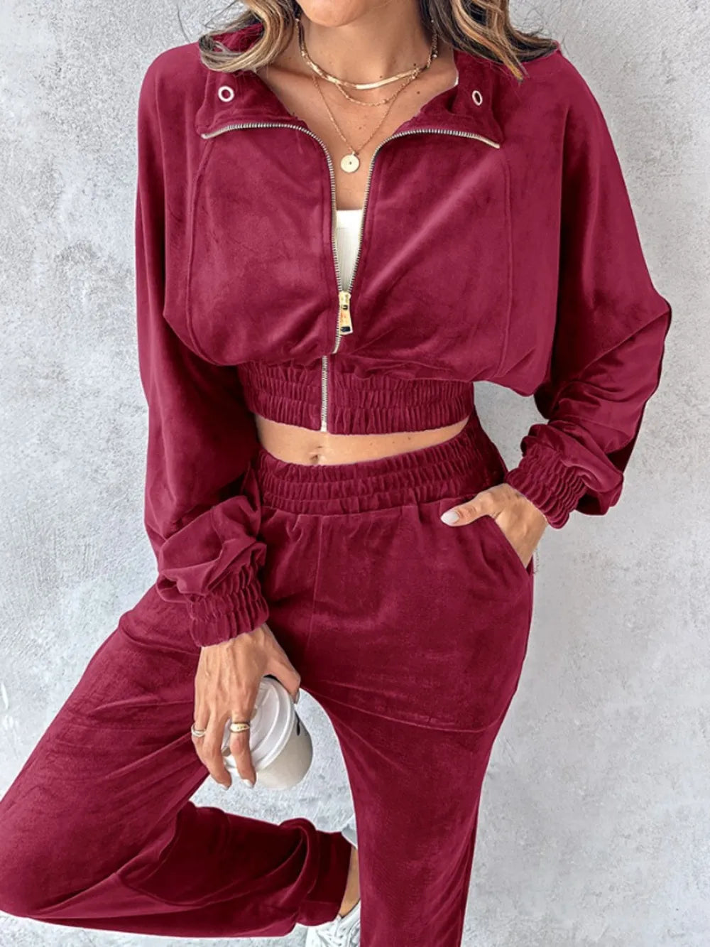Zip Up Long Sleeve Cropped Top and Joggers Set | Outfit Sets Top and Pants Set from PHUNKYN