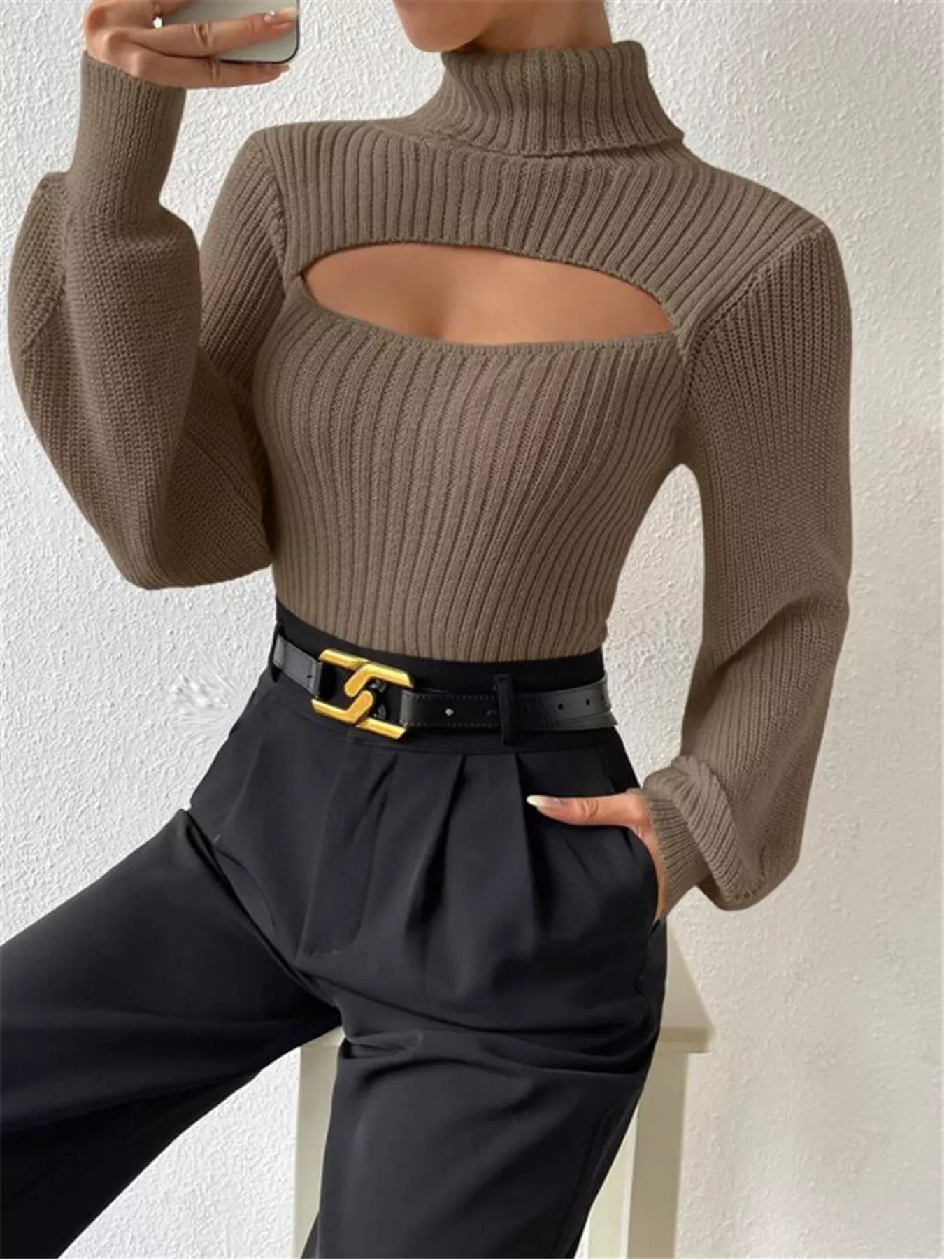 Cutout Front Turtleneck Long Sleeve Sweater | Sweaters Sweater from PHUNKYN