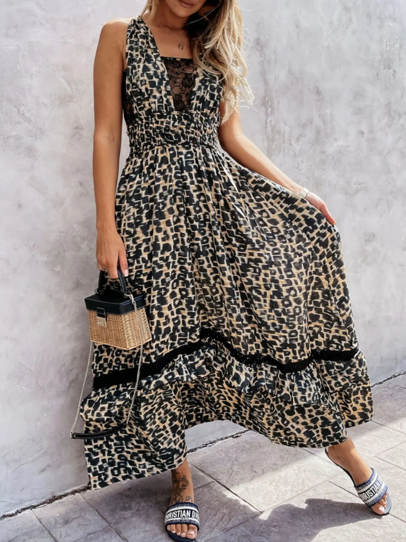 Leopard Print Sleeveless Maxi Dress with Lace Trim | Dresses Maxi Dress from PHUNKYN