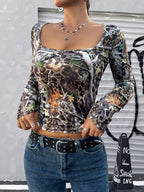 Leopard Long Sleeve Square Neck T-Shirt | T-Shirts T-Shirt from PHUNKYN