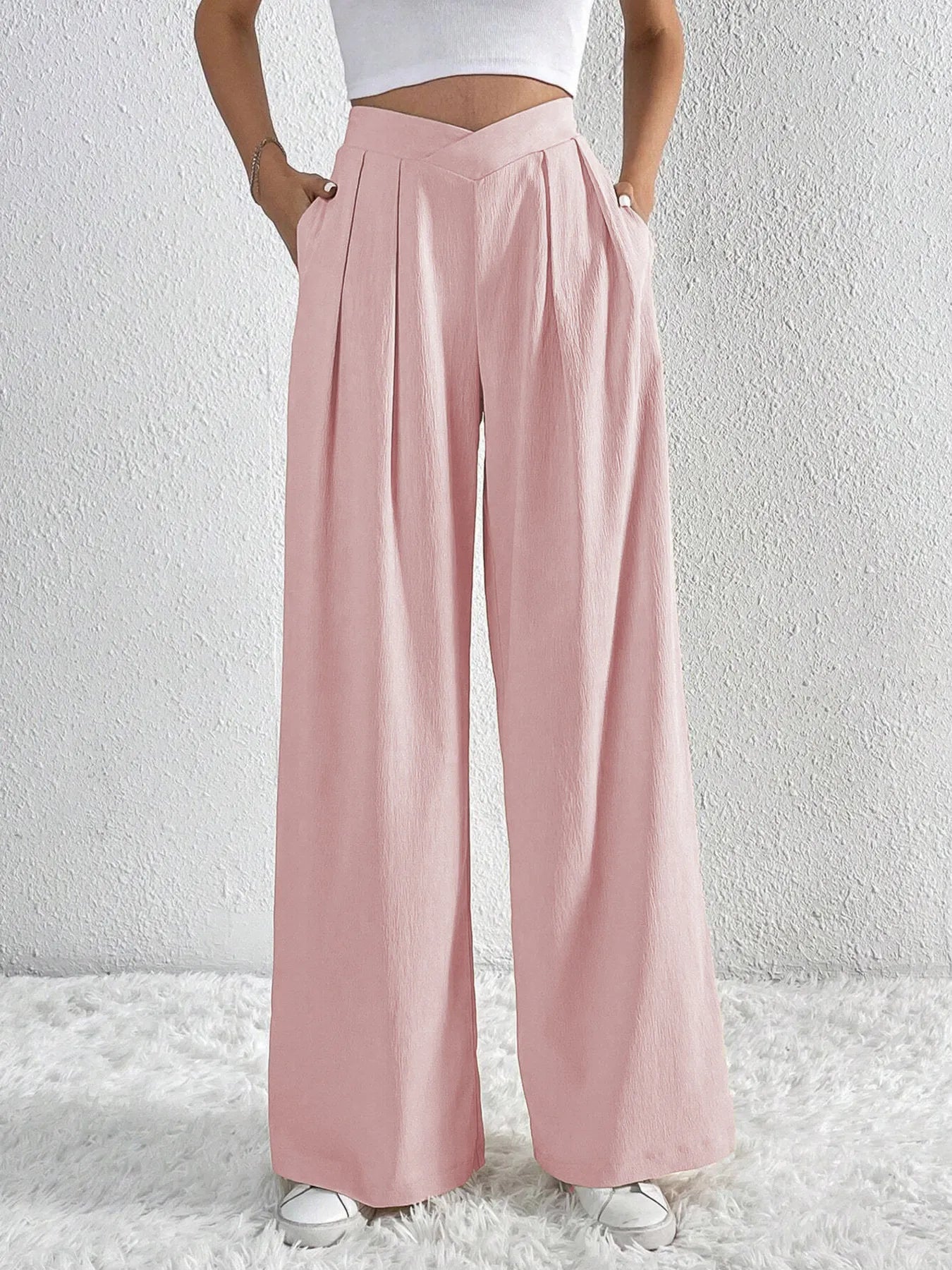 V-Waisted Ruched Front Wide Leg Pants | Trousers Wide Leg Pants from PHUNKYN
