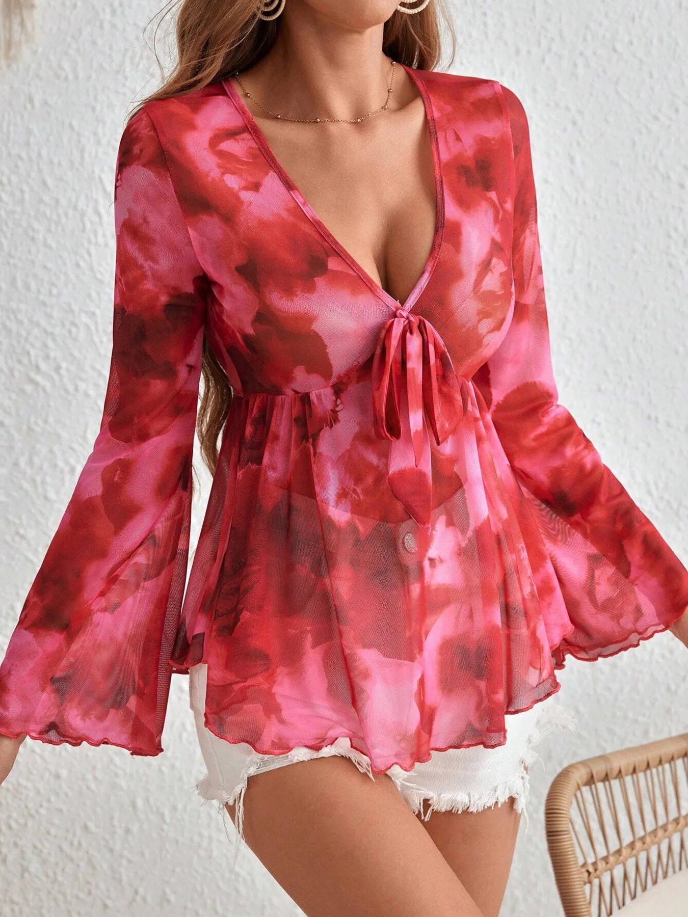 Tie-Front Flare Sleeve Blouse | Blouses Blouse from PHUNKYN