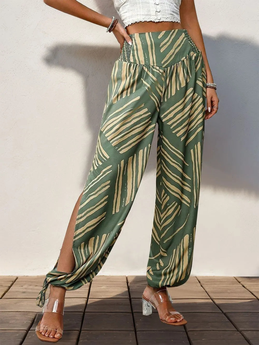 Perfee Smocked Slit Printed High Waist Pants | Pants Side Slit Pants from PHUNKYN