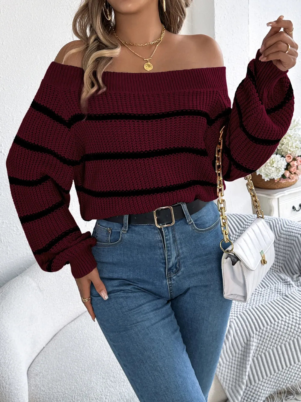 Striped Off-Shoulder Long Sleeve Sweater | Sweaters Sweater from PHUNKYN