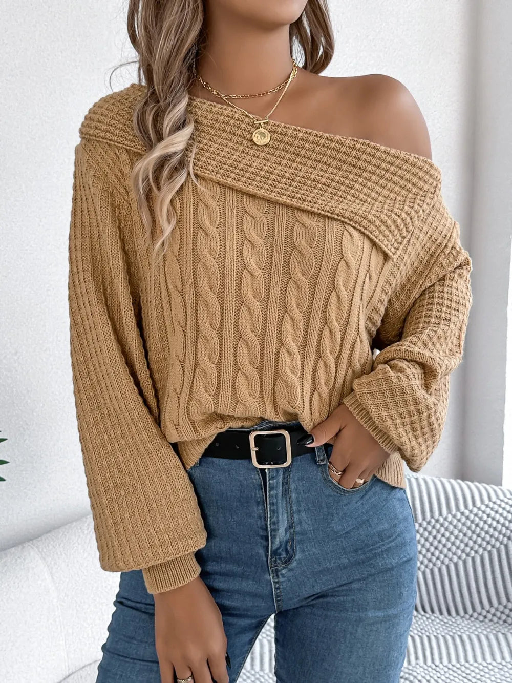 Cable-Knit One Shoulder Long Sleeve Sweater | Sweaters Sweater from PHUNKYN