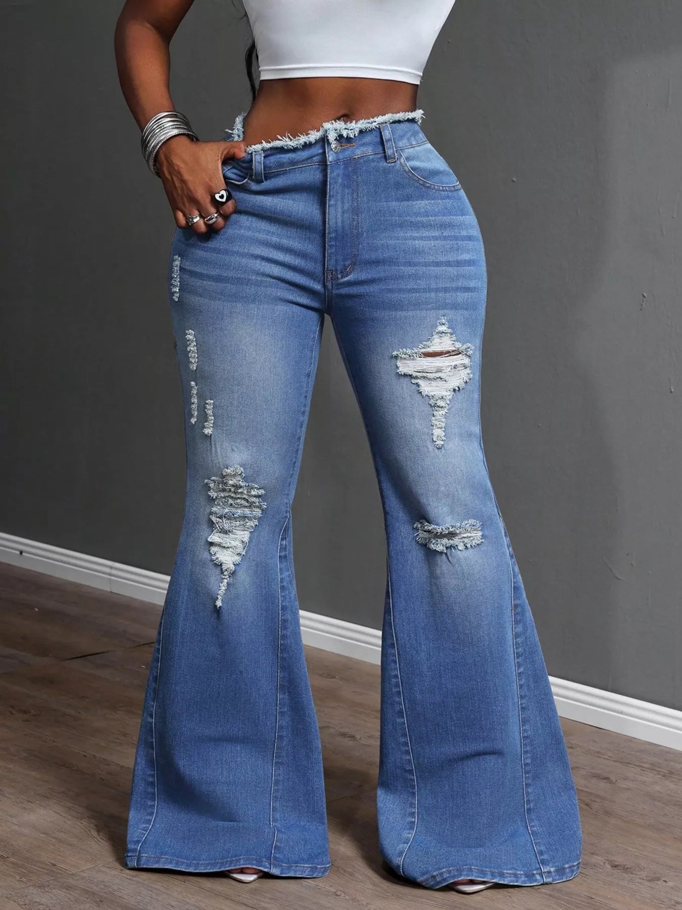 High Waisted Distressed Flare Jeans | Jeans Flare Jeans from PHUNKYN