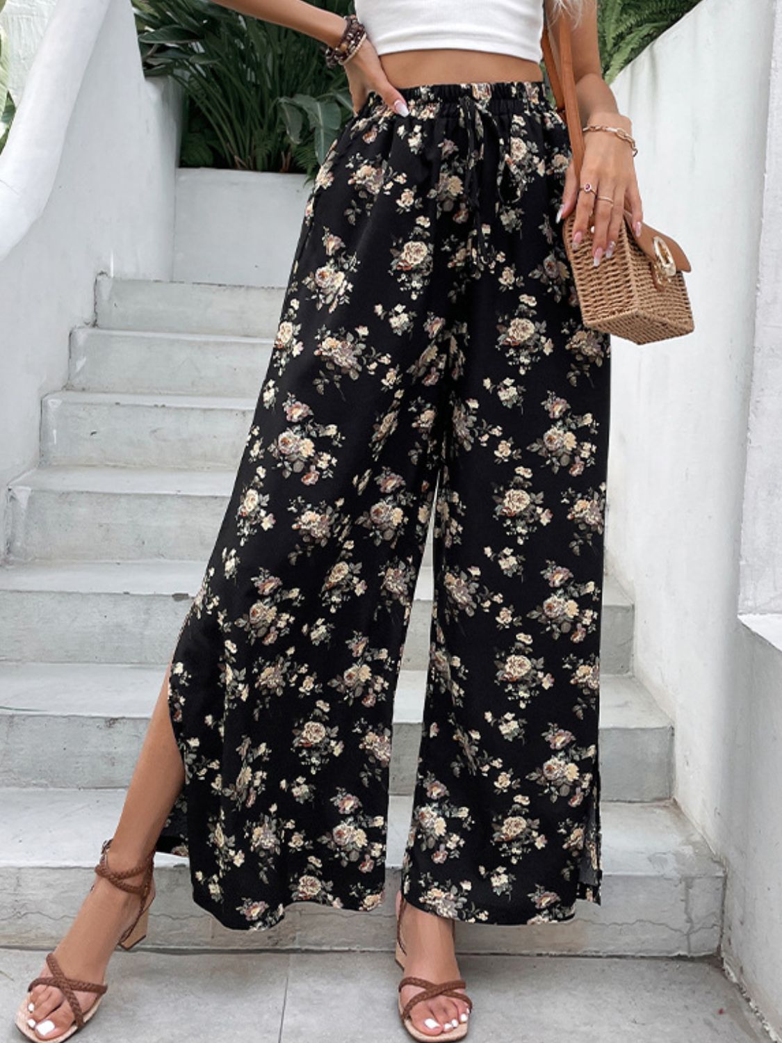 Floral Side Slit Wide Leg Pants | Pants Side Slit Pants from PHUNKYN