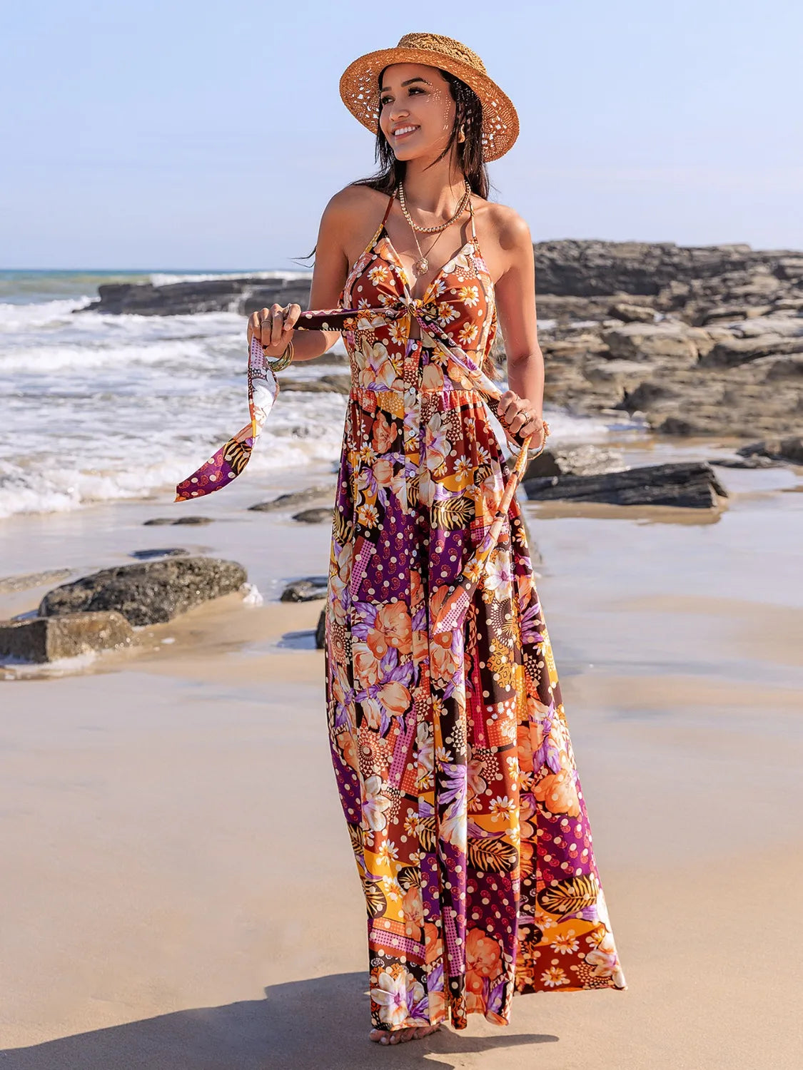 Slit Printed Halter Neck Cami Dress | Dresses Cami Dress from PHUNKYN