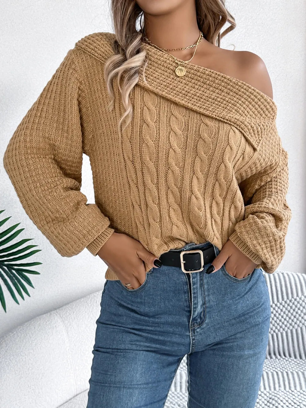 Cable-Knit One Shoulder Long Sleeve Sweater | Sweaters Sweater from PHUNKYN