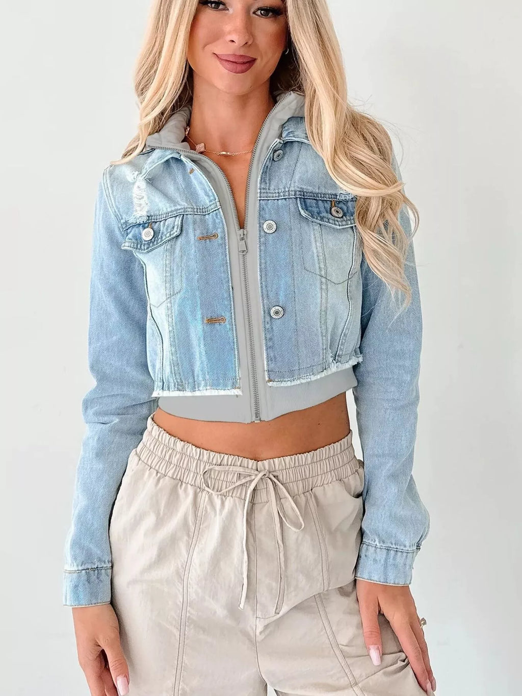 Distressed Zip Up Cropped Hooded Denim Jacket | Jacket from PHUNKYN
