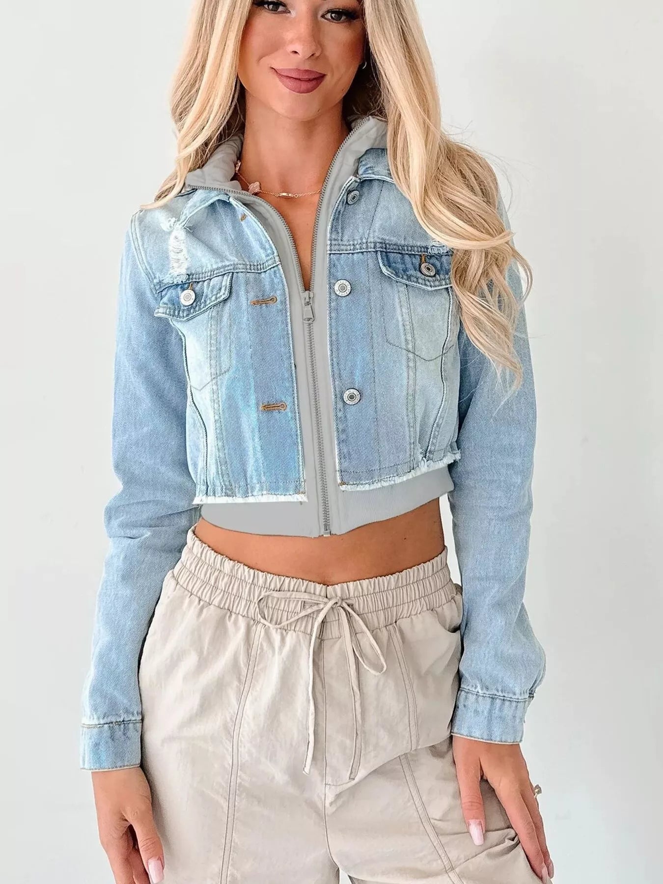 Distressed Zip Up Cropped Hooded Denim Jacket | Jacket from PHUNKYN