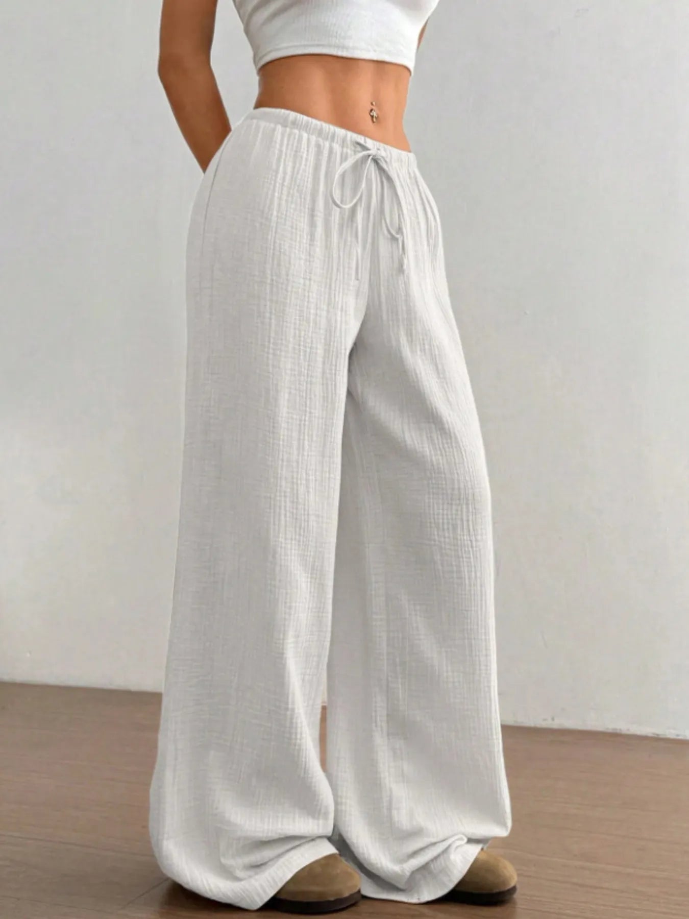 Wide Leg Drawstring Casual Pants | Trousers Wide Leg Pants Set from PHUNKYN
