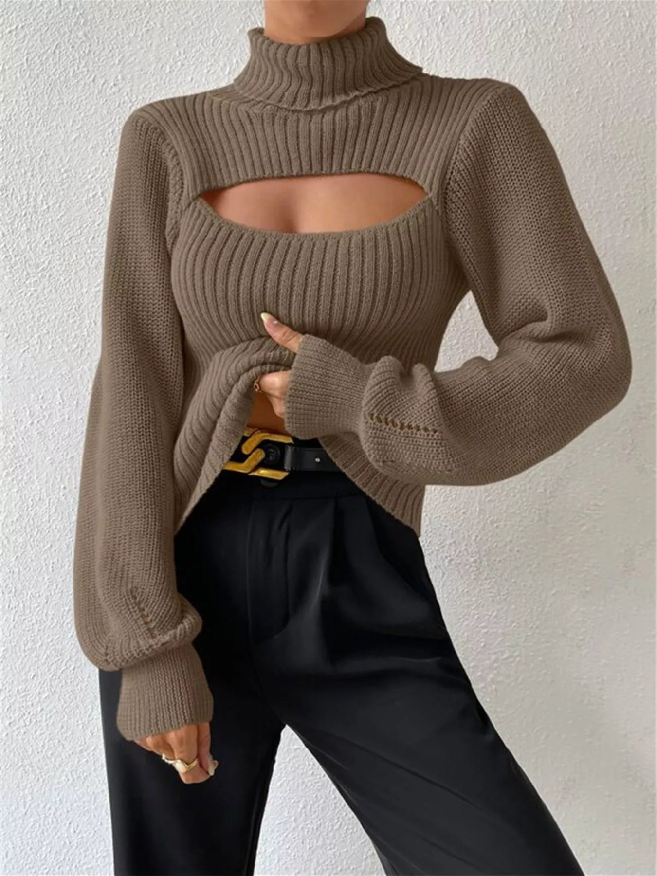 Cutout Front Turtleneck Long Sleeve Sweater | Sweaters Sweater from PHUNKYN
