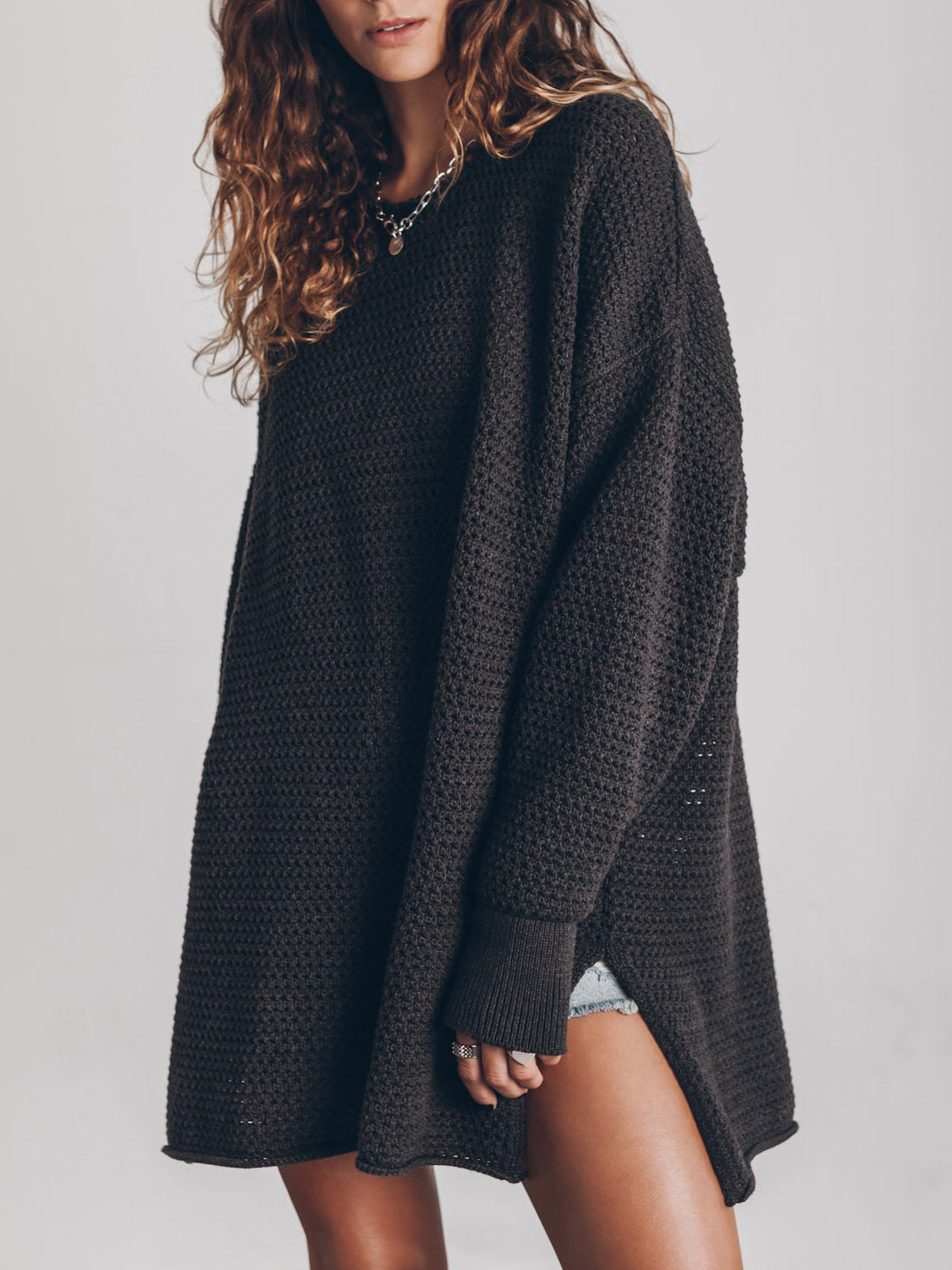 Openwork Round Neck Long Sleeve Slit Sweater | Sweaters Sweater from PHUNKYN