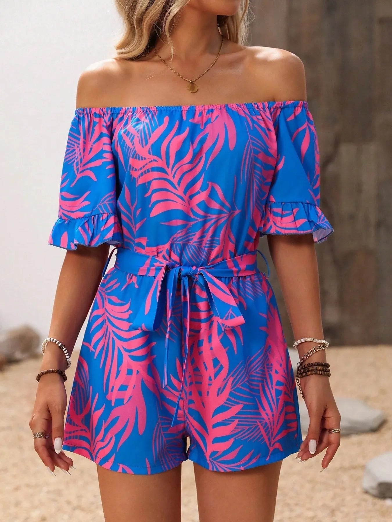 Tropical Print Off-Shoulder Romper | One-Pieces Romper from PHUNKYN