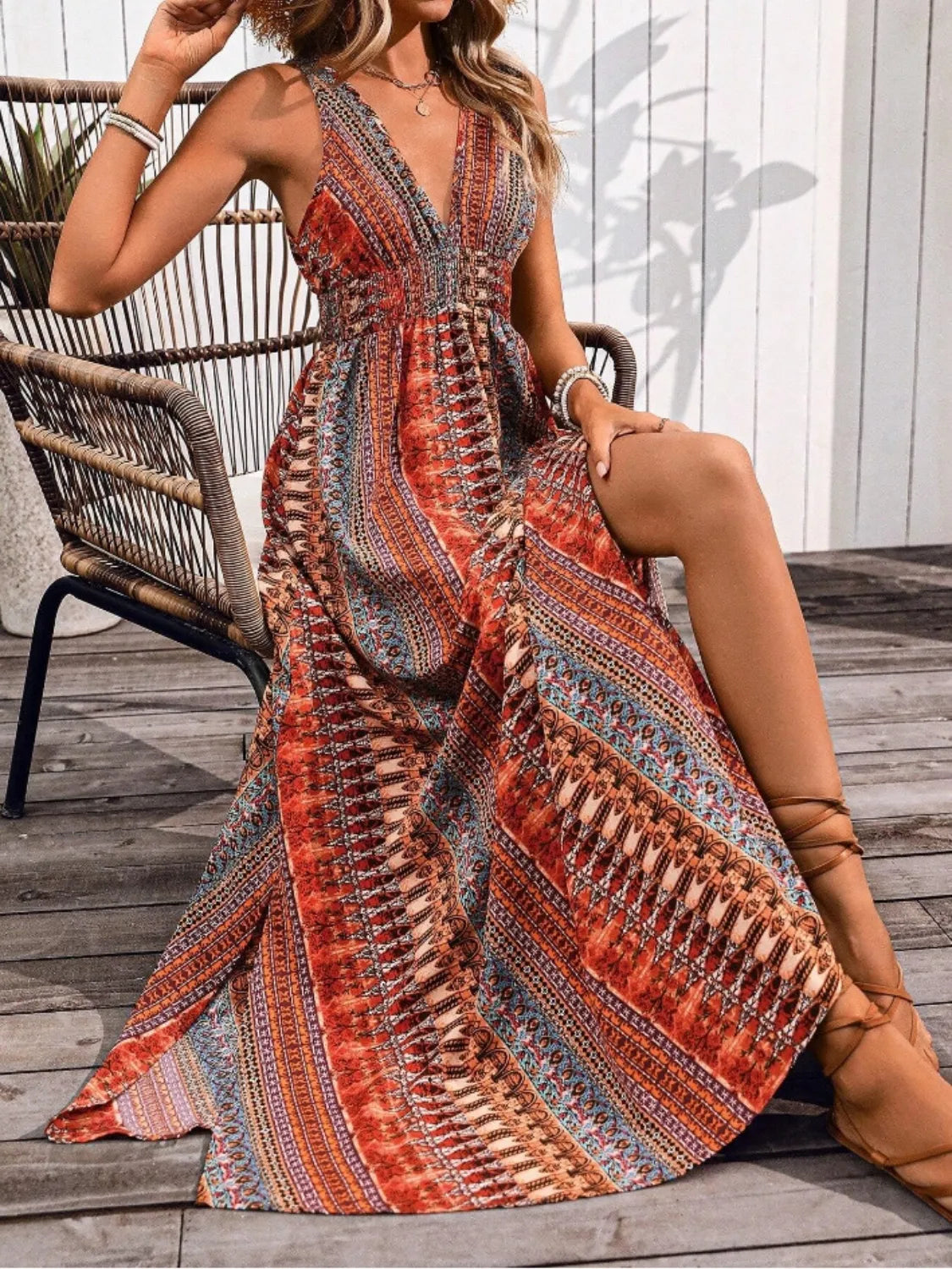 Tied Back Printed Sleeveless Maxi Slit Dress | Dresses Maxi Dress from PHUNKYN