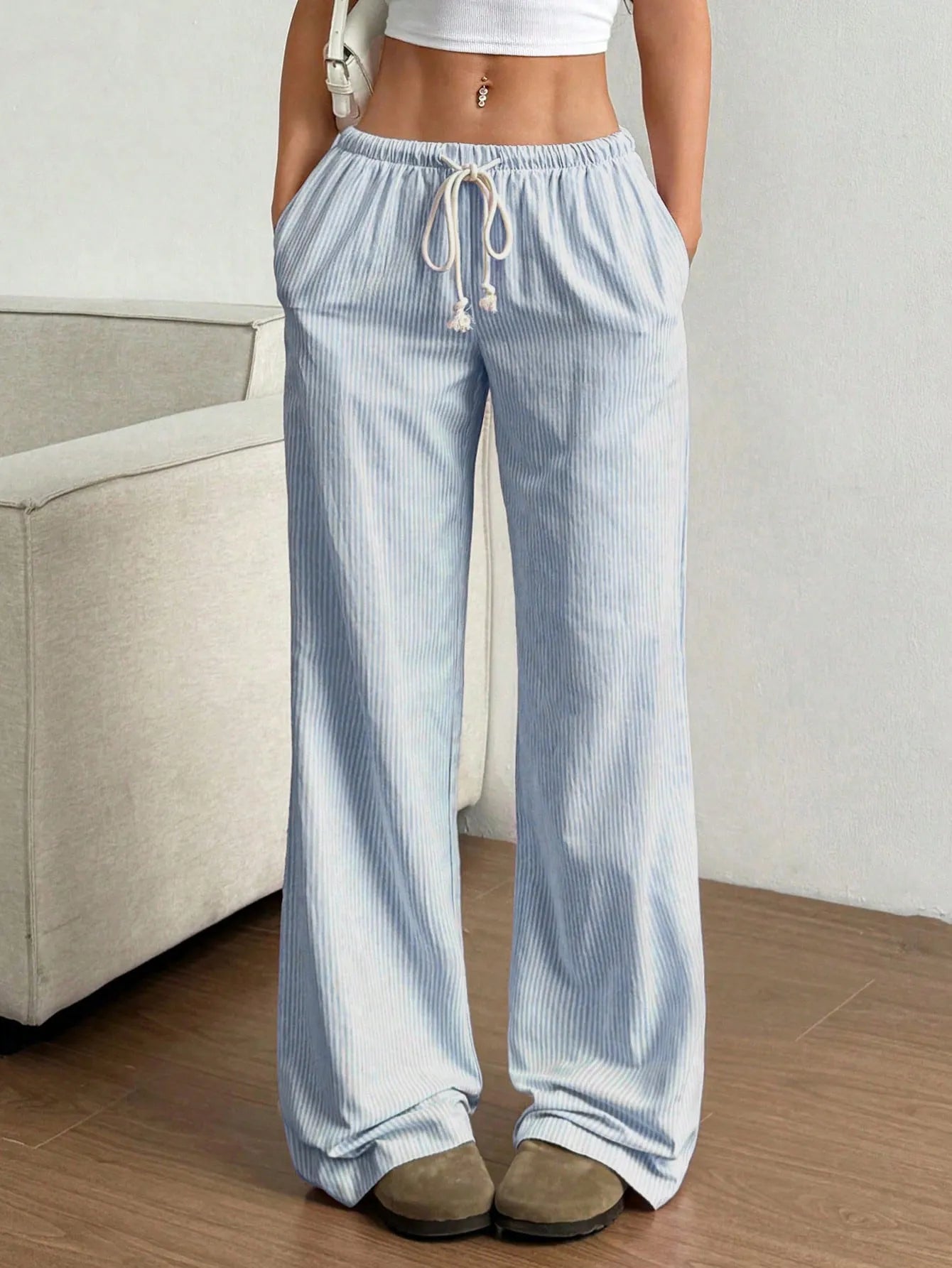 Drawstring Striped Wide Leg Pants | Trousers Wide Leg Pants from PHUNKYN