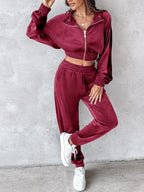 Zip Up Long Sleeve Cropped Top and Joggers Set | Outfit Sets Top and Pants Set from PHUNKYN