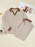 Stripe Collared Top and Drawstring Pant Set | Outfit Sets Top and Pants Set from PHUNKYN