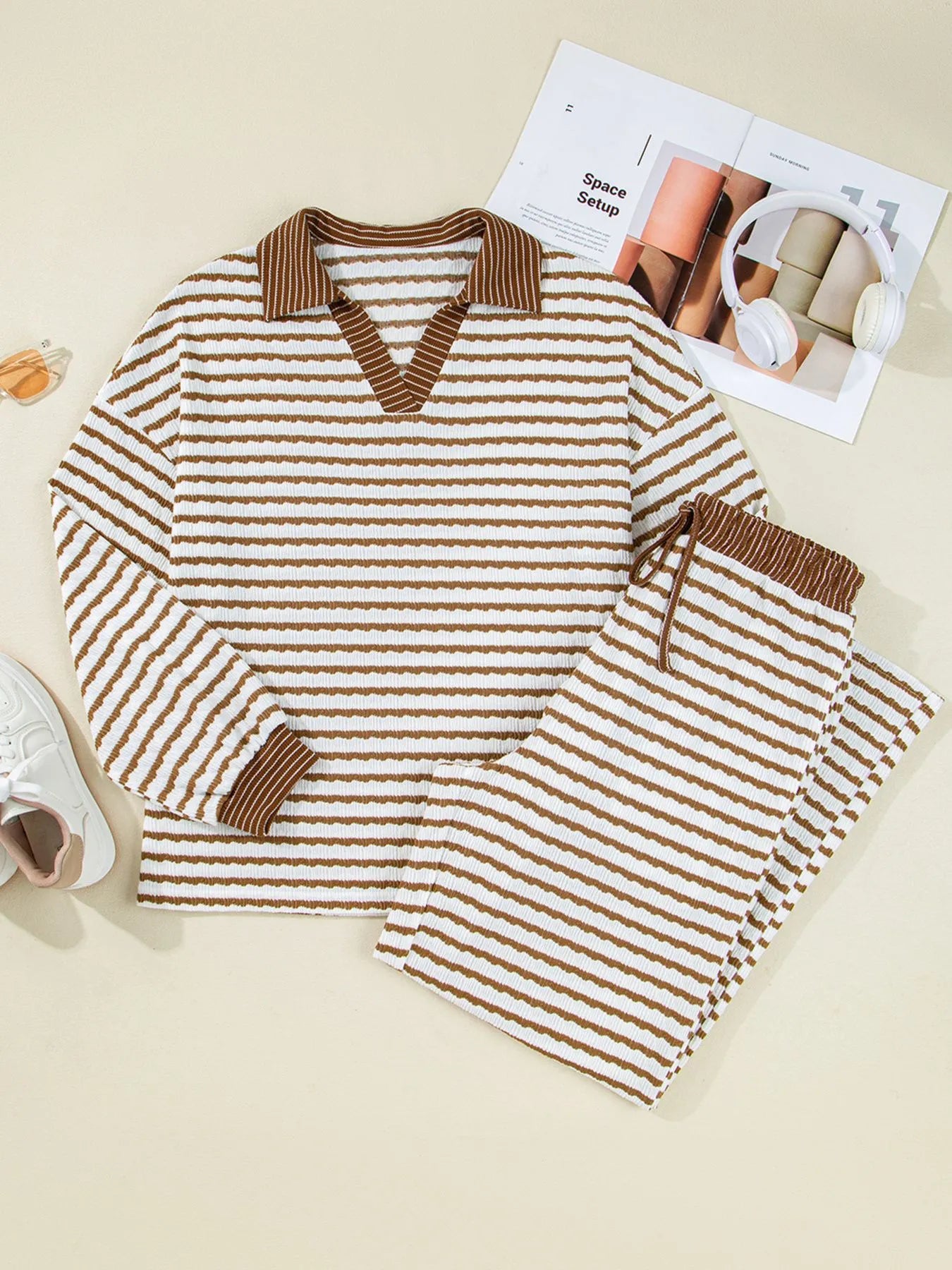 Stripe Collared Top and Drawstring Pant Set | Outfit Sets Top and Pants Set from PHUNKYN