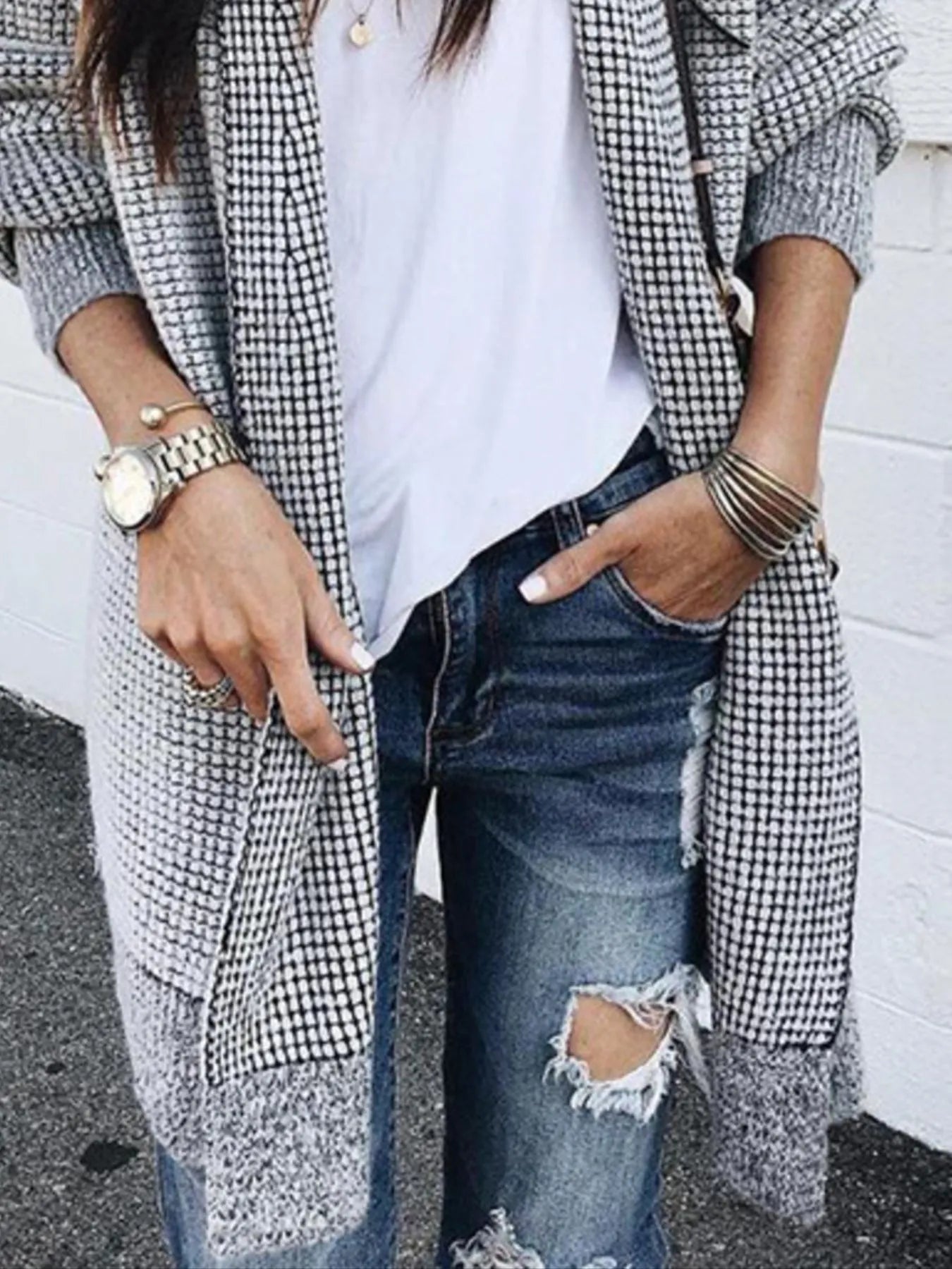 Contrast Plaid Longline Cardigan with Ribbed Trim | Cardigans Cardigan from PHUNKYN