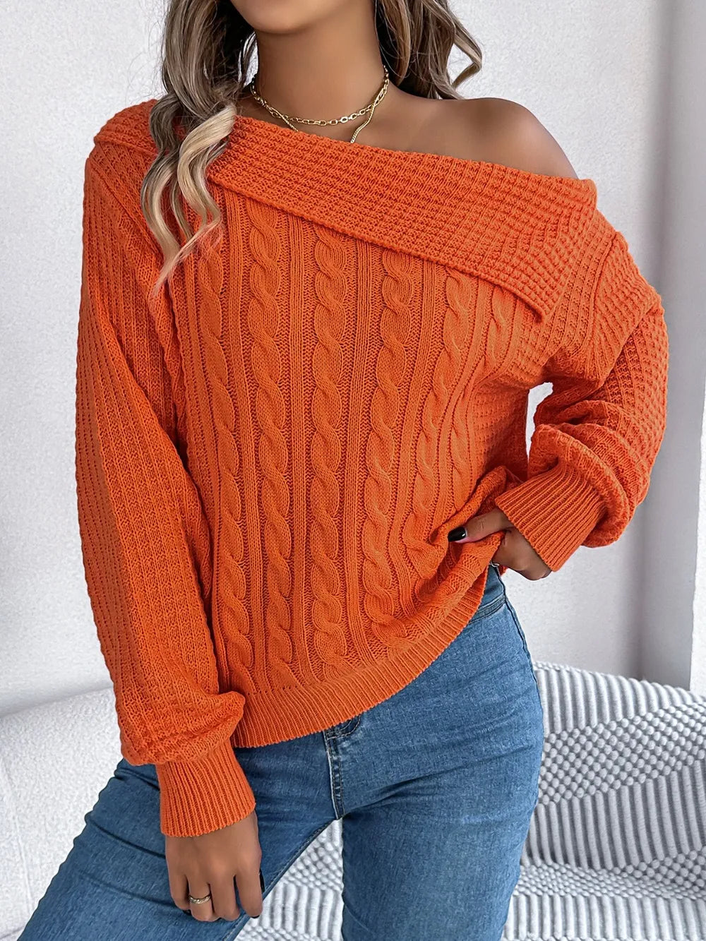 Cable-Knit One Shoulder Long Sleeve Sweater | Sweaters Sweater from PHUNKYN