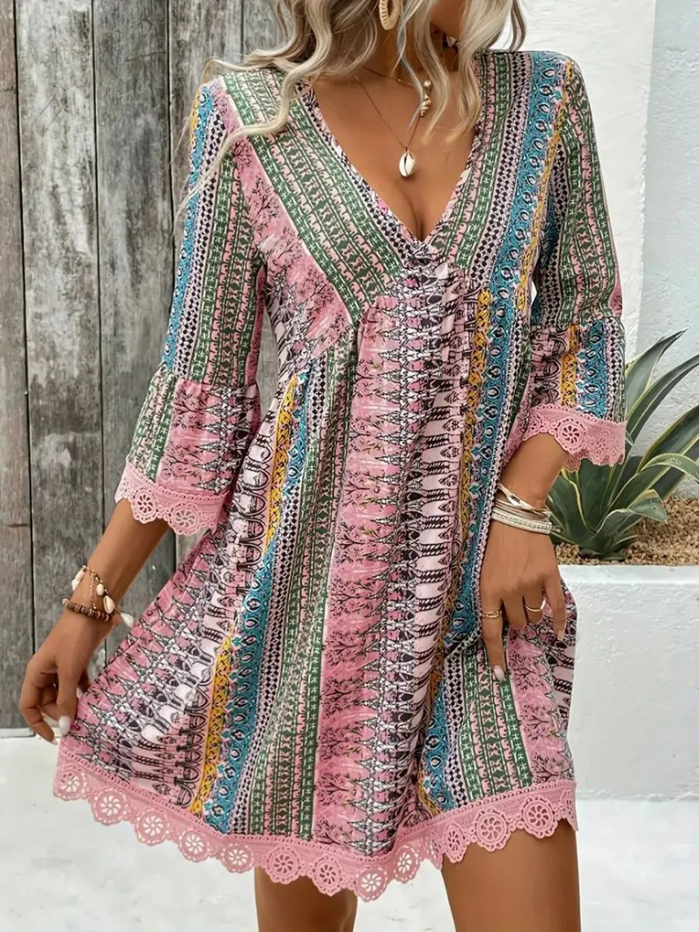 Lace Trim Printed V-Neck 3/4 Sleeve Dress | Dresses Dress from PHUNKYN