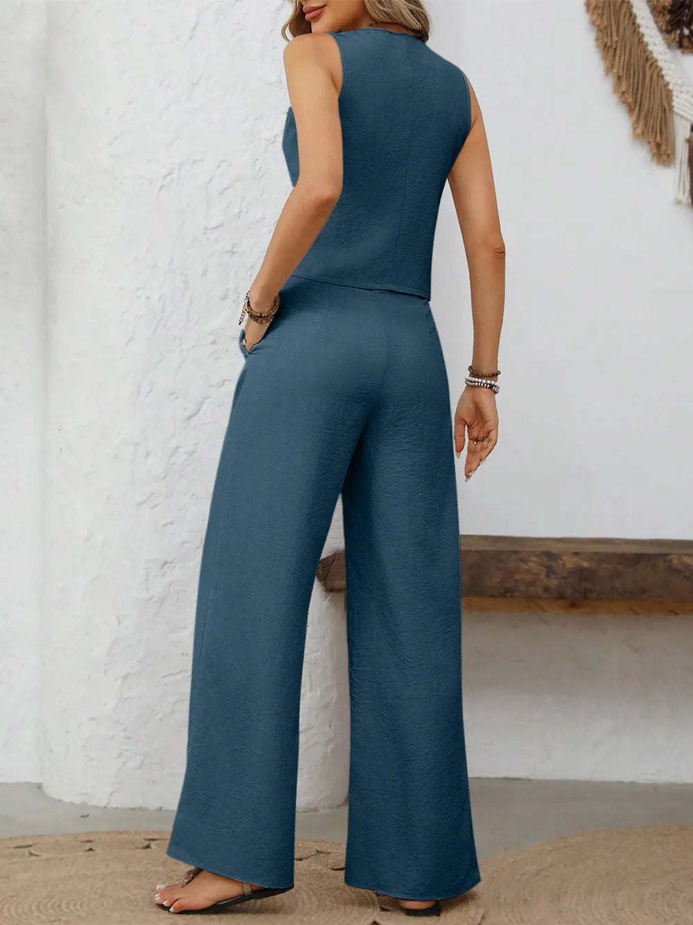 V-Neck Button Down Vest and Wide Leg Pants Set | Outfit Sets Top and Pants Set from PHUNKYN