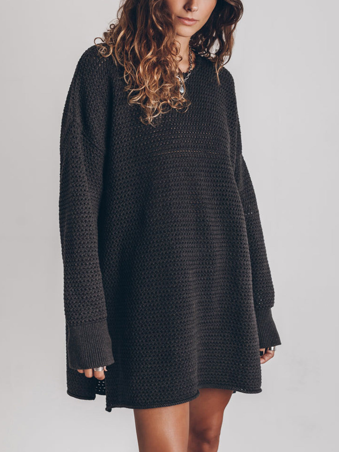 Openwork Round Neck Long Sleeve Slit Sweater | Sweaters Sweater from PHUNKYN