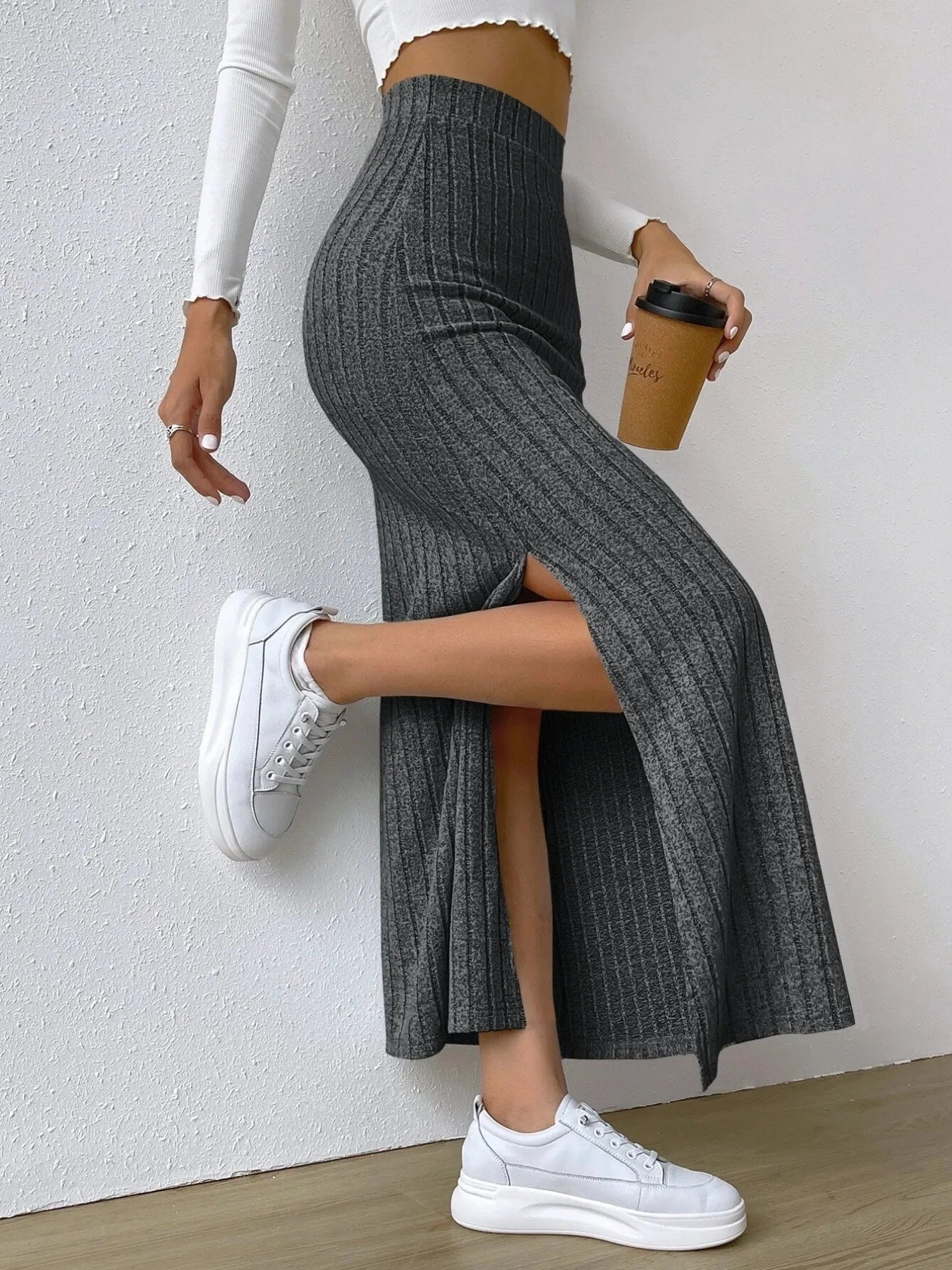 High Waist Ribbed Knit Maxi Skirt | Skirts Maxi Skirt from PHUNKYN