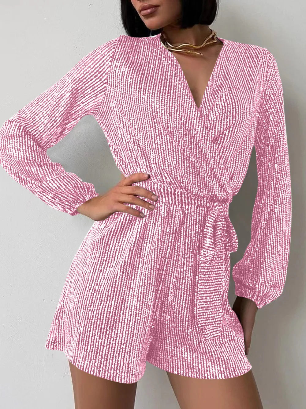 Full Size Sequin Surplice Tie Waist Long Sleeve Romper | Dresses Romper from PHUNKYN