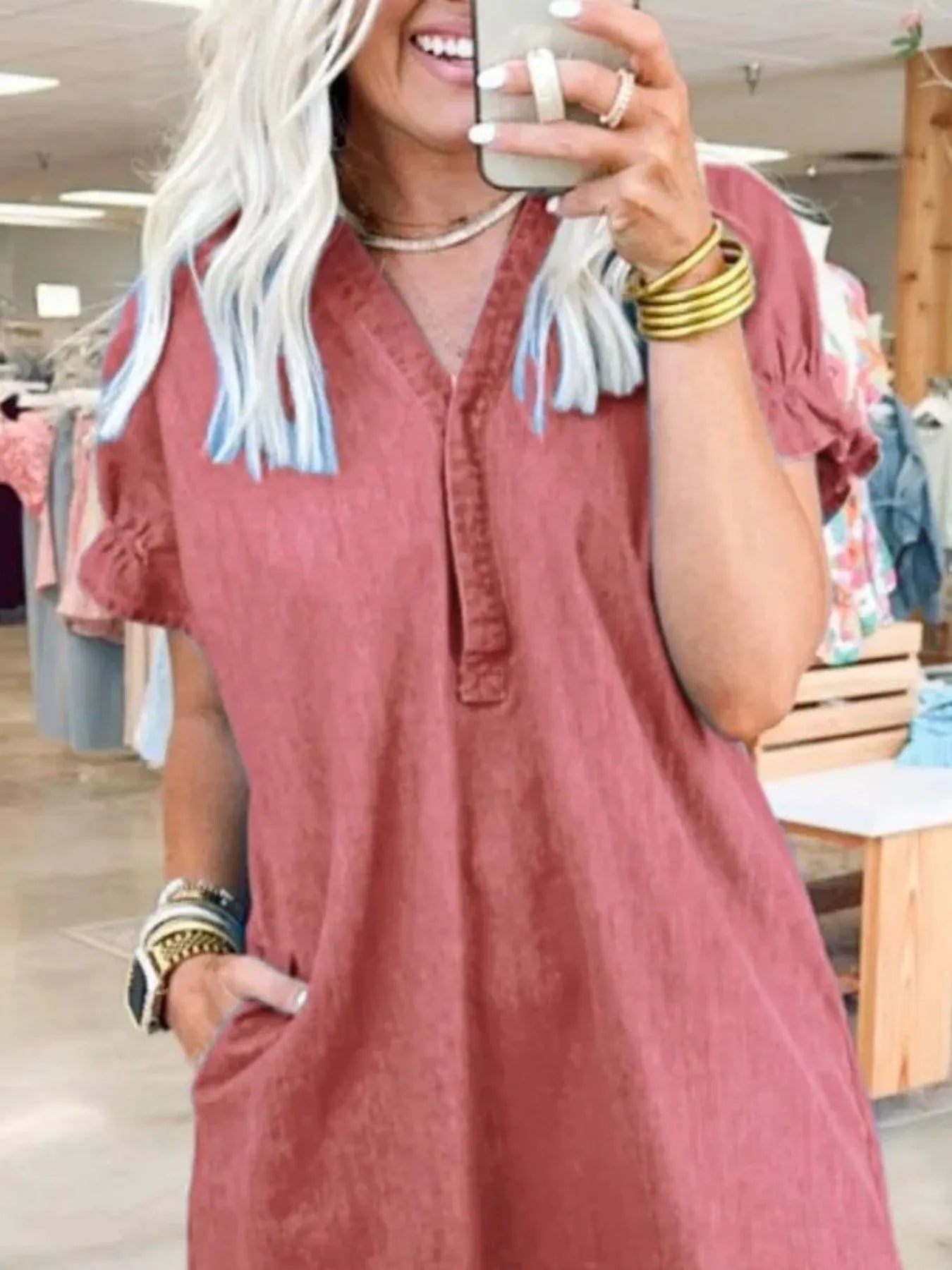 V-Neck Short Sleeve Denim Dress | Dresses Denim Dress from PHUNKYN